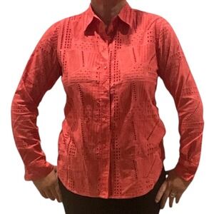 Lauren Ralph Lauren Eyelet Shirt Womens‎ M Coral Cotton Button Down Blouse Top